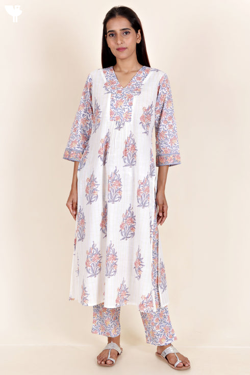Cotton Kurta Pant And Dupatta Set In Block Print